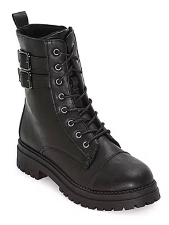 Shoes - Women’s Black Lace-Up Combat Boots with Buckle Accent-NEW